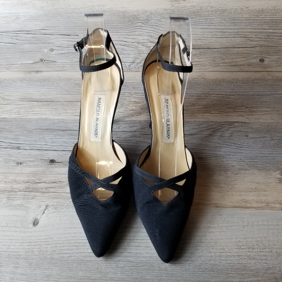 Vintage Manolo Blahnik Linen Ankle Strap Pointed Toe Pump Heel - Picture 5 of 13